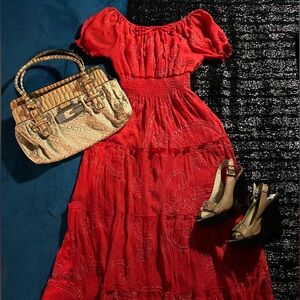 Red maxi dress with embroidery and ruffles, off the shoulder style